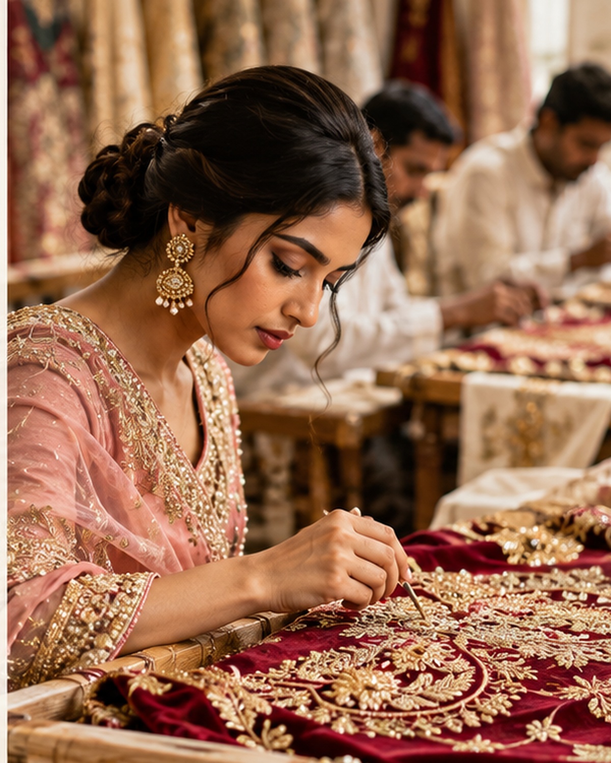 Artisan embellishing richly embroidered Indian wedding fabric in warm golden light