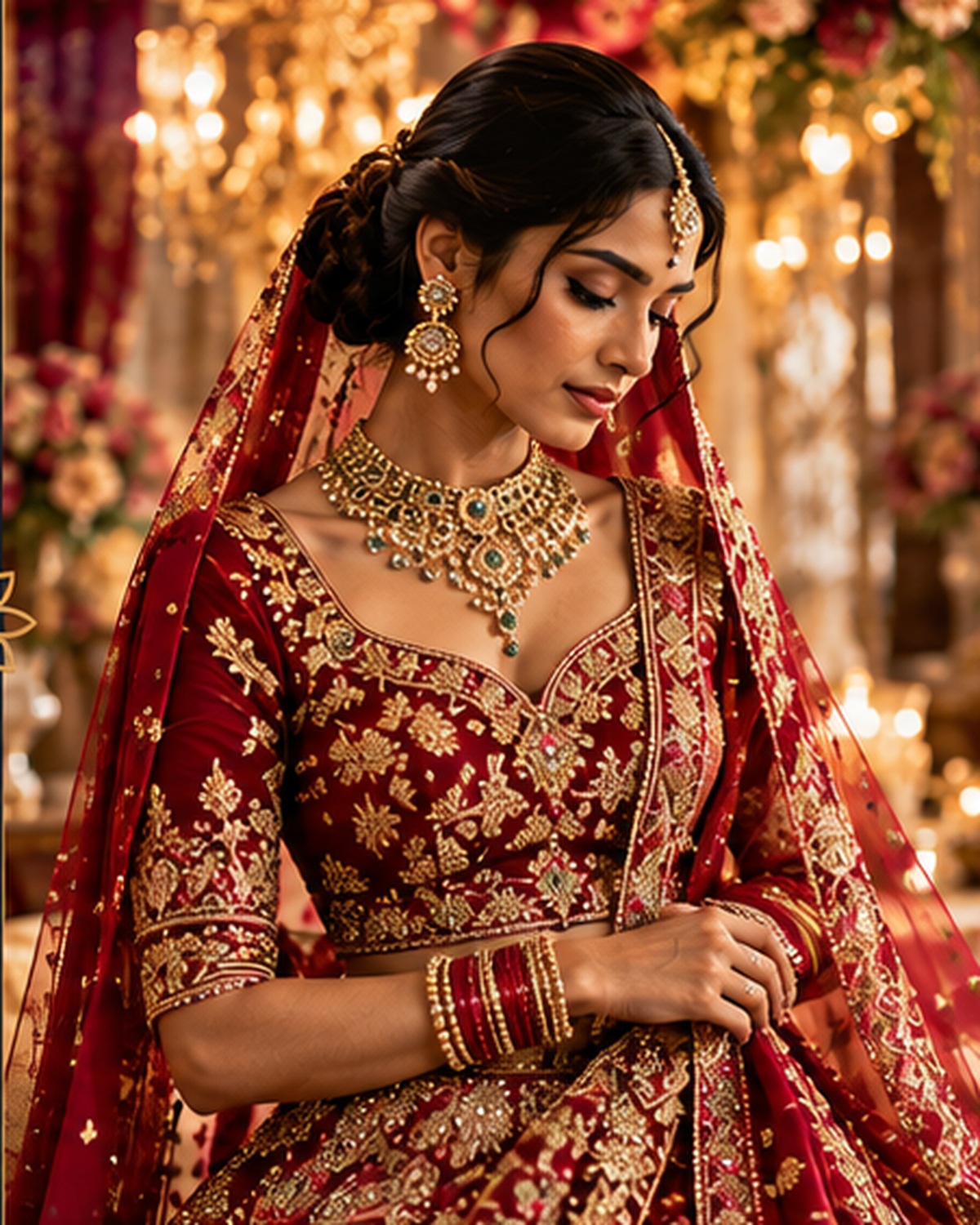 Bride in richly embellished red bridal attire
