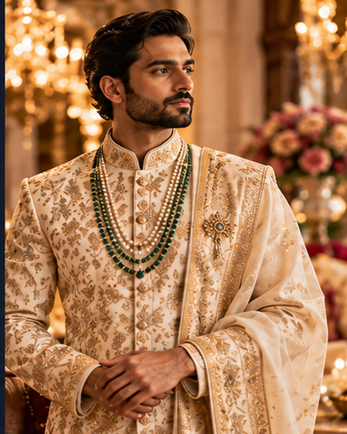 Groom in ivory embroidered wedding sherwani