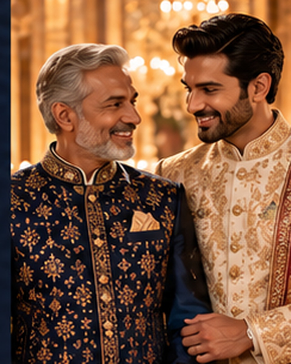 Older and younger men in embroidered Indian wedding attire