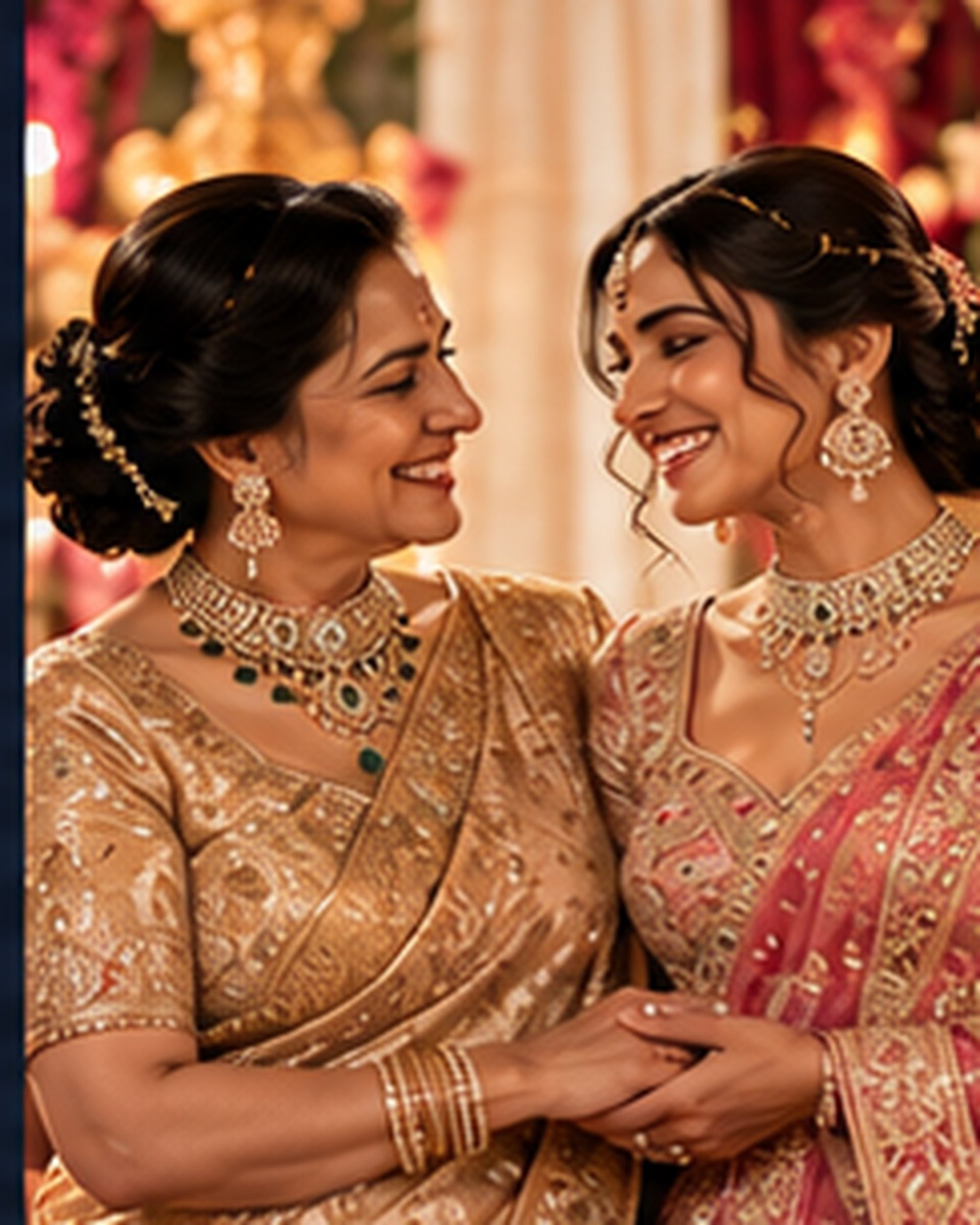 Two women in elegant Indian wedding sarees and jewellery