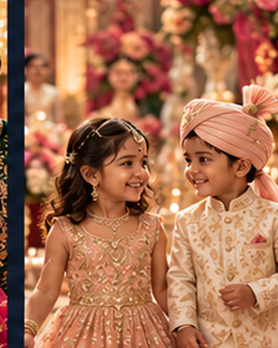 Two children wearing festive Indian wedding outfits
