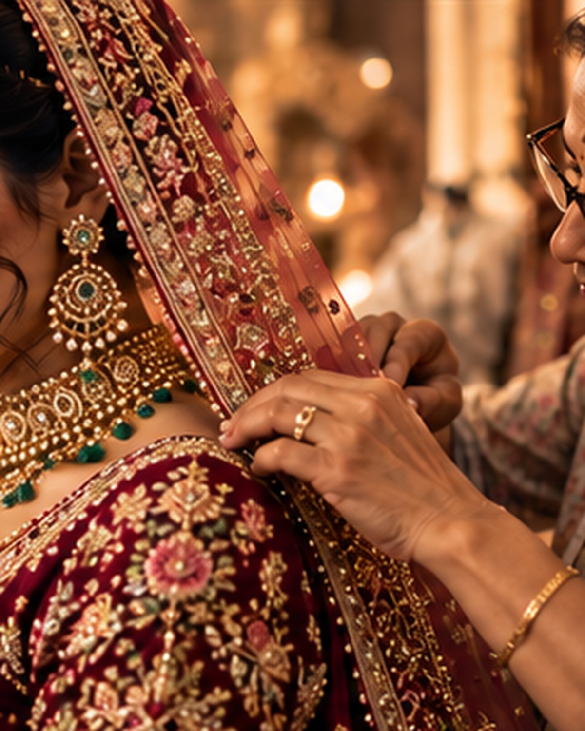 Indian bridal garment being carefully adjusted in an atelier