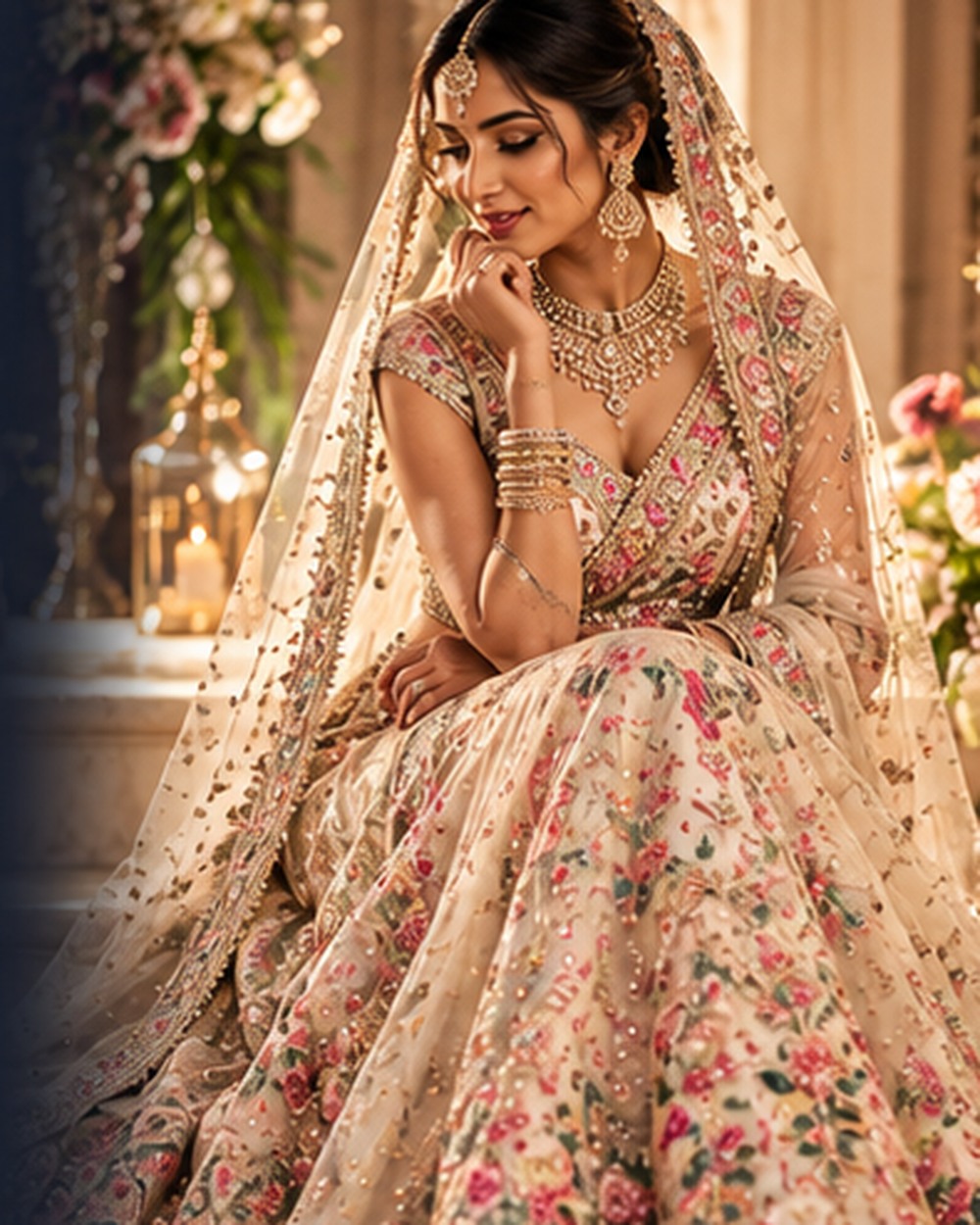 Bridal lookbook inspiration: ivory embroidered lehenga with delicate floral detail