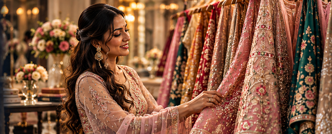 Indian wedding clothing inspiration, with a woman examining richly embroidered garments in different colours