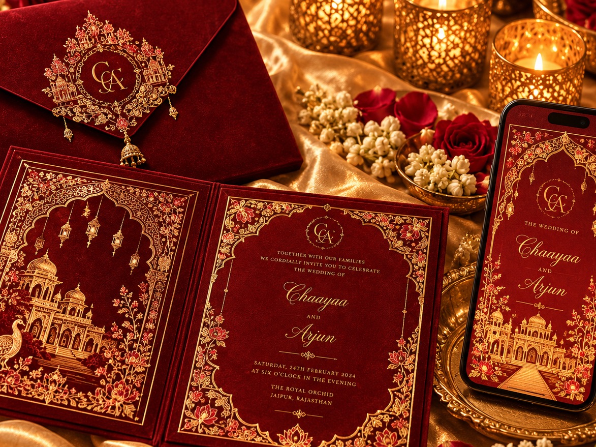 Traditional Indian wedding invitation in deep red with ornate gold decoration