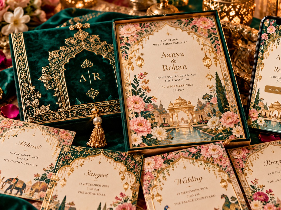 Contemporary Indian wedding invitation in emerald, blush and gold