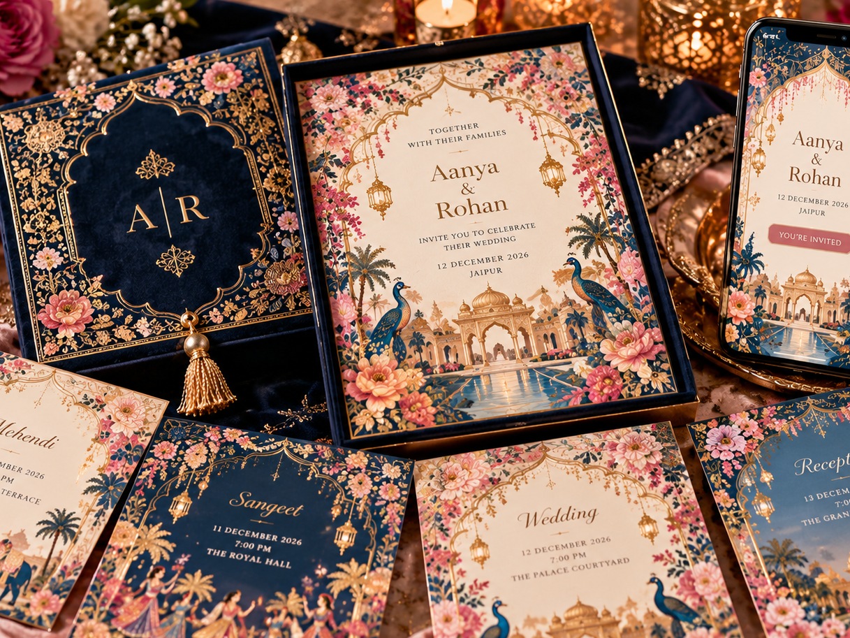 Indian wedding invitation suite in navy and gold with coordinated stationery