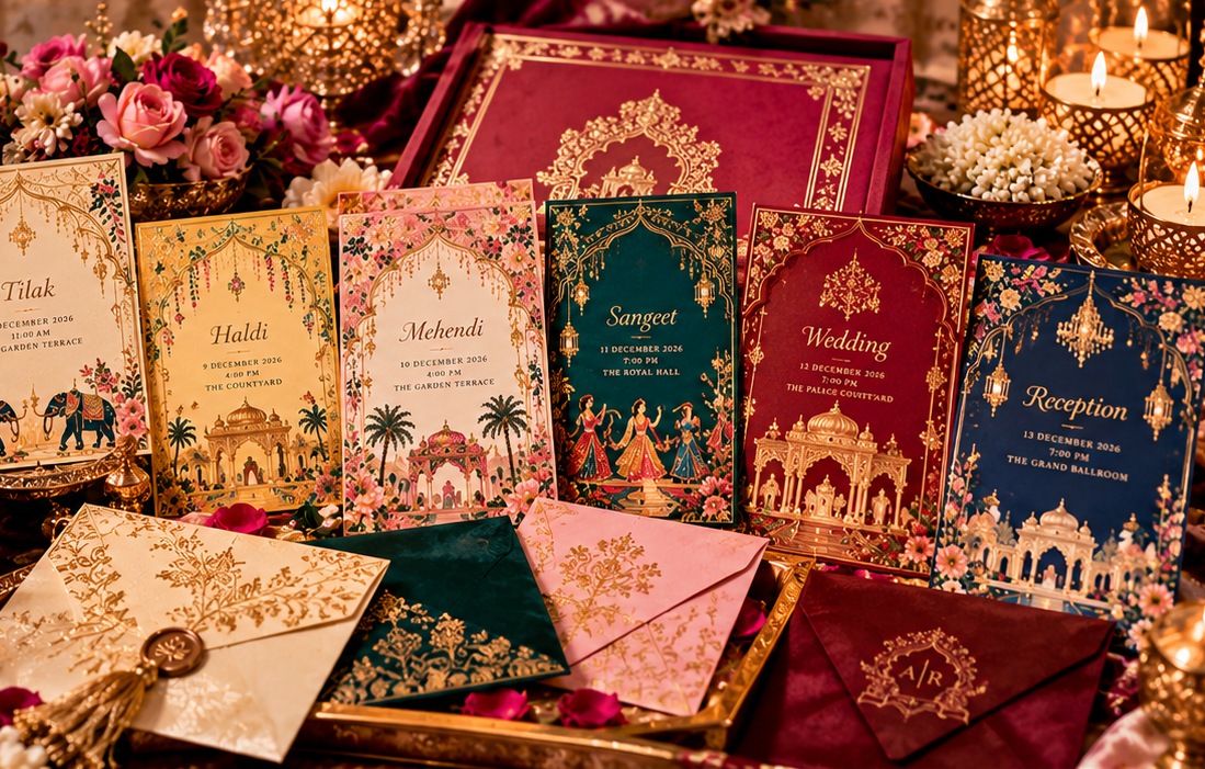Colourful Indian wedding invitation suite with individual ceremony cards in red, pink, saffron, emerald and navy with gold detailing