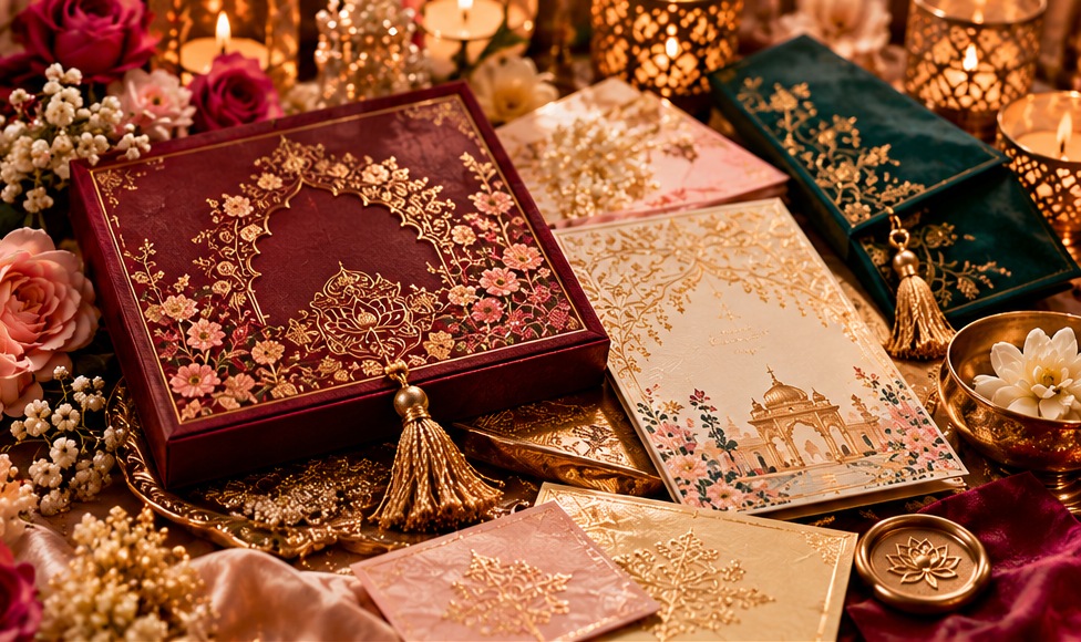 Richly decorated burgundy, blush and emerald Indian wedding invitations with golden borders, textured papers and tassels