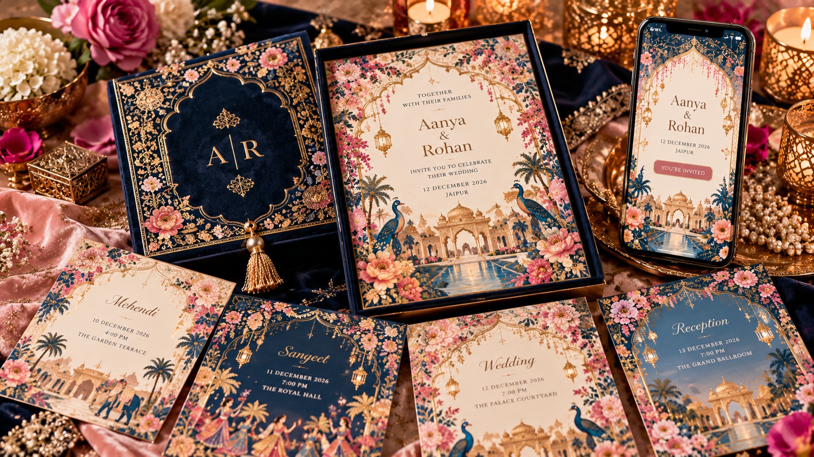 Illustrative matching Indian wedding invitation artwork in navy, blush and gold, including a printed card and mobile digital version