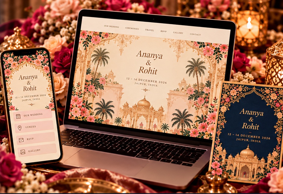 Illustrative matching Indian wedding invitation beside a laptop and phone displaying a guest-facing wedding page