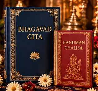 Illustrative richly bound Bhagavad Gita and Hanuman Chalisa books