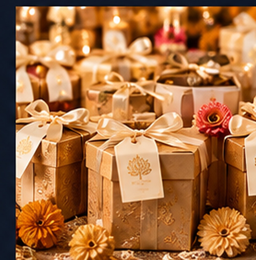 Illustrative coordinated small decorative gift boxes with ribbons