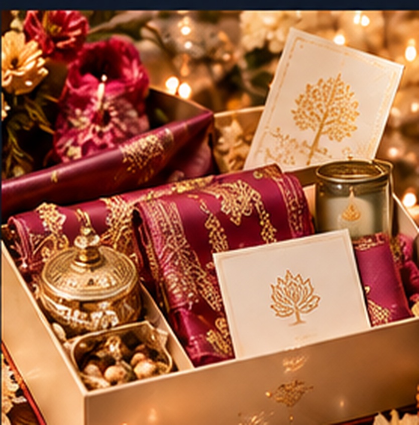 Illustrative gift box with richly coloured textiles and decorative keepsakes