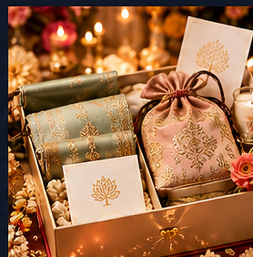 Illustrative gift box with folded textile and embroidered potli