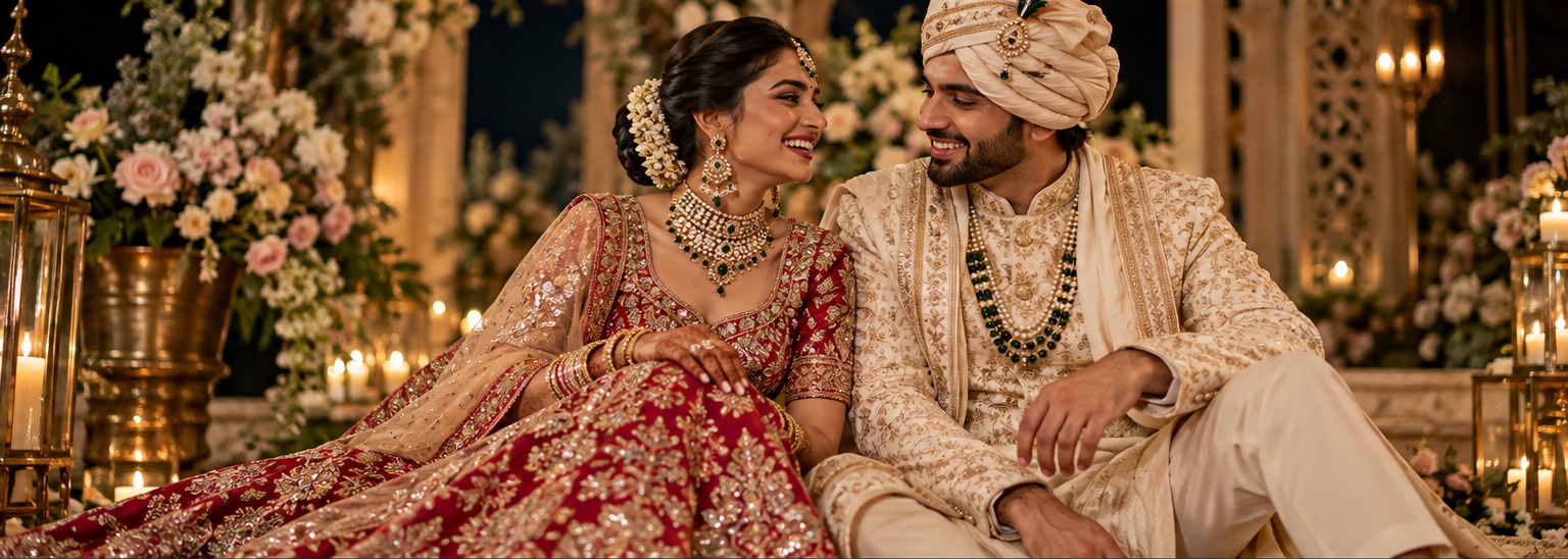 Bride wearing layered fashion jewellery beside a groom in a cream sherwani and safa at an Indian wedding