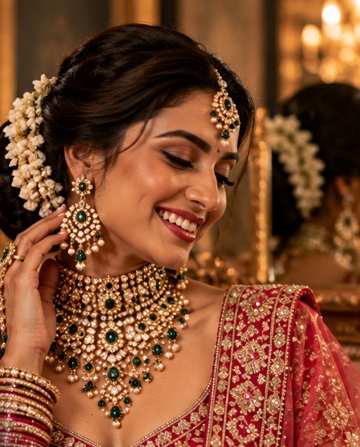 Illustrative Indian bride wearing green-and-gold fashion jewellery, jhumkas and layered necklace