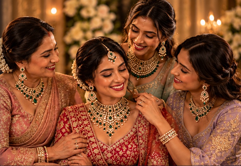 Indian bride celebrating with female relatives wearing coordinated fashion jewellery