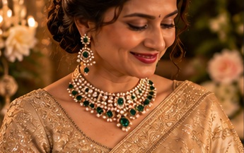 Mother wearing an elaborate necklace and earrings with her wedding outfit