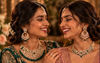 Two sisters wearing coordinated earrings and necklaces at a wedding celebration