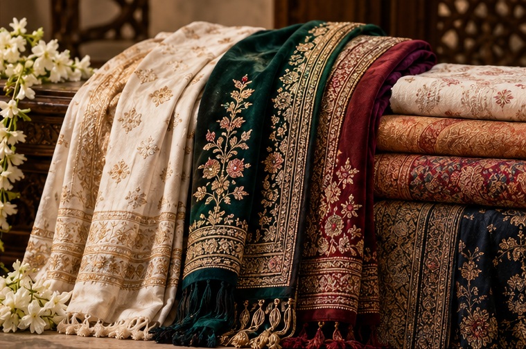Embroidered Indian wedding stoles and shawls in ivory and jewel tones