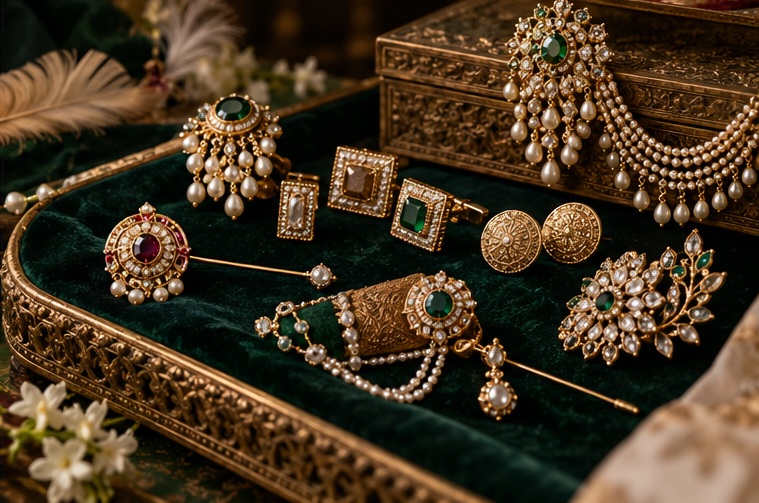 Decorative wedding brooches, cufflinks, buttons and turban jewels
