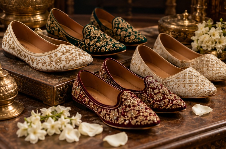 Men's embroidered mojaris and juttis in ivory, green and burgundy