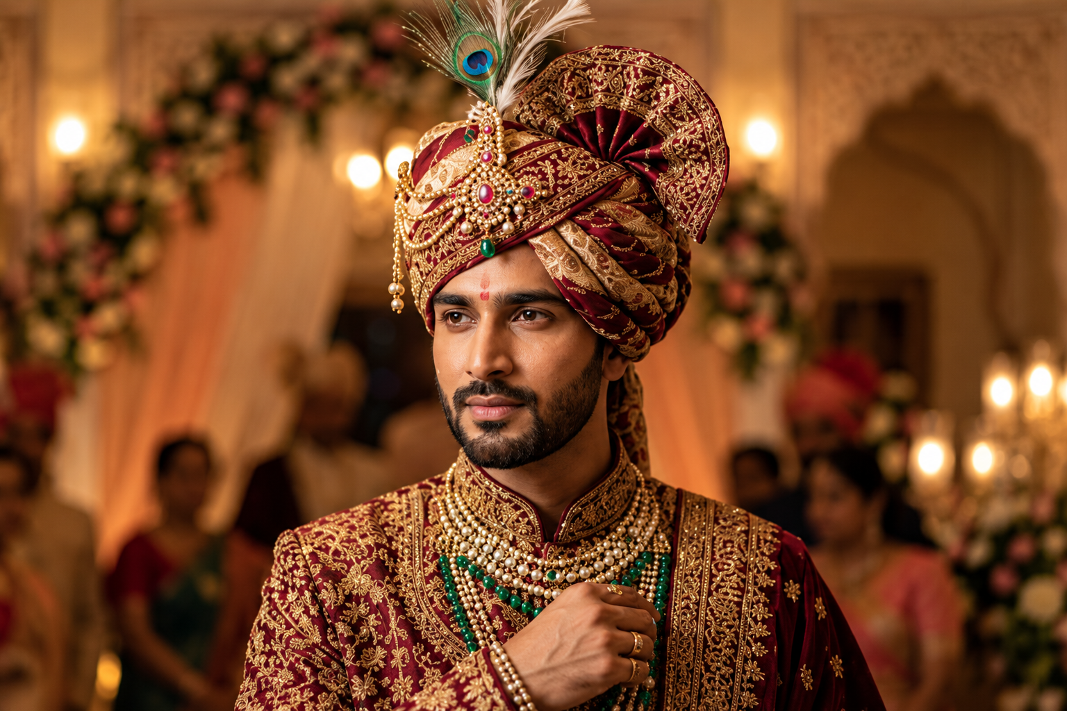 Wedding safas and pagdis in burgundy, ivory and emerald with decorative kalgis