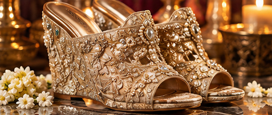 Illustrative gold embroidered bridal wedges