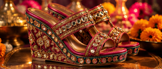 Colourful embellished bridal wedge sandals in rich red and gold