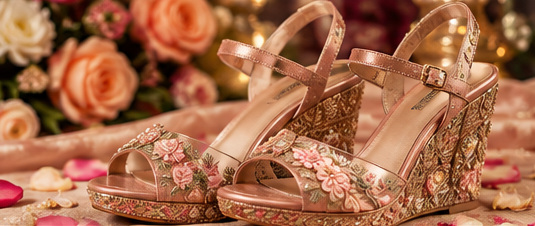 Modern bridal wedge sandals with floral embroidery and metallic finish